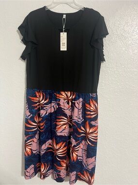 NWT Wneedu Women Black Floral Ruffle Sleeve Midi Dress Stretch Size 2XL #776